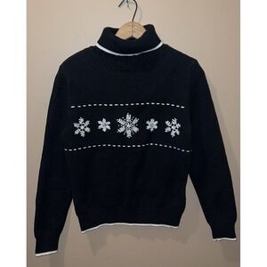 Turtleneck Sweater Womens S Faire Isle Black Snowflake Christmas Winter Embroide